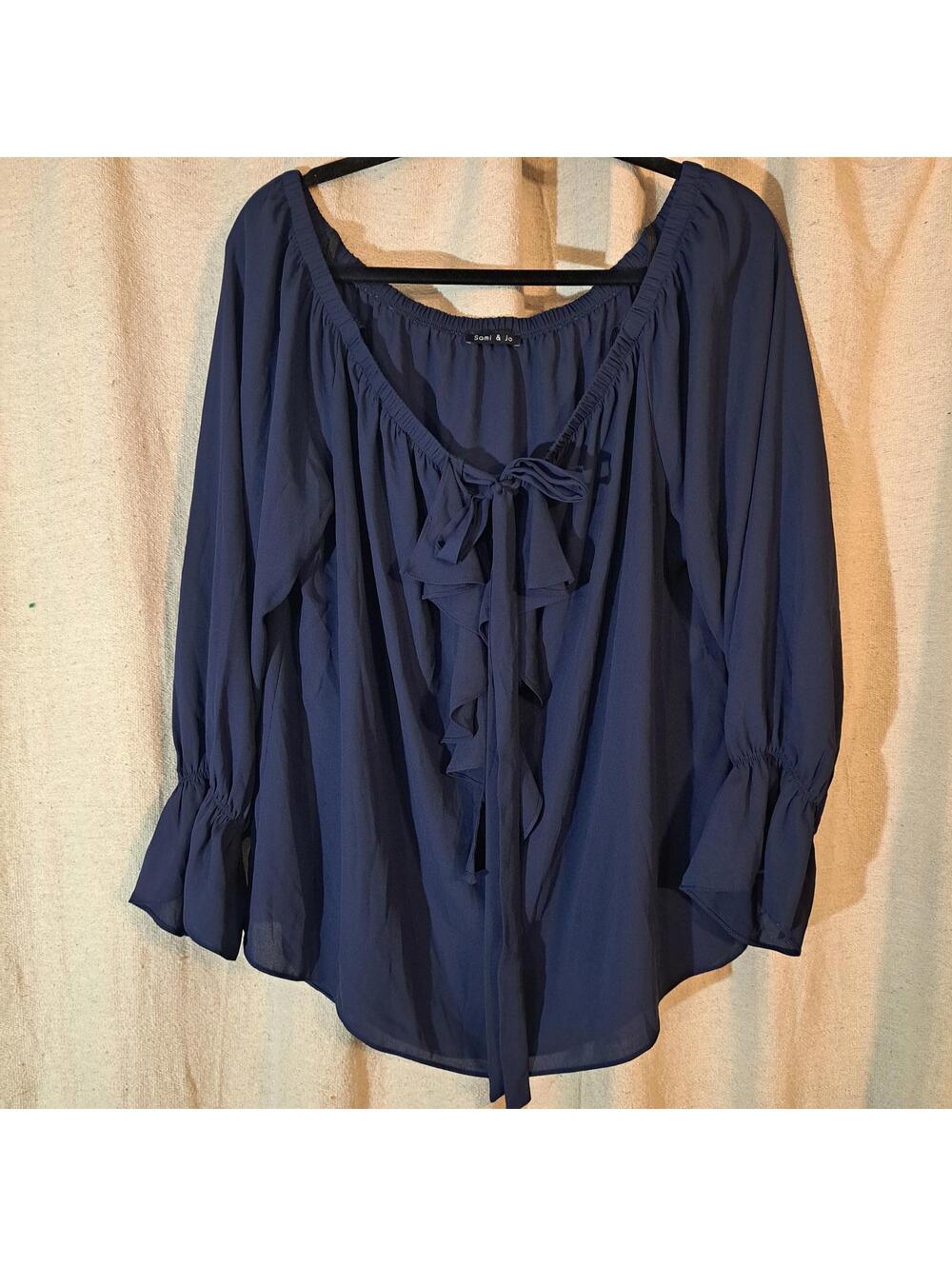 Navy Blue Sheer Long Sleeve Blouse with Ruffle Tie Front